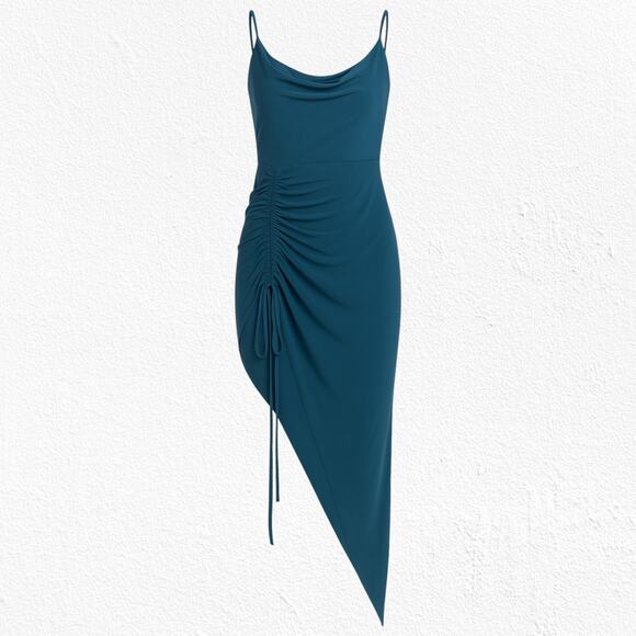 Windsor Hunter Green Ruched Asymmetrical Bodycon Midi Dress Size Small NWT - Picture 1 of 9